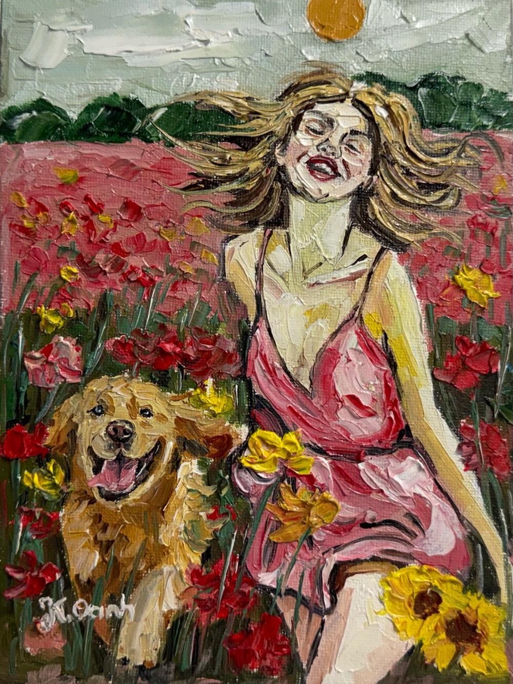 Original oil painting Joyful Woman Labrador dog in Flower Field signed 6x8 inch
